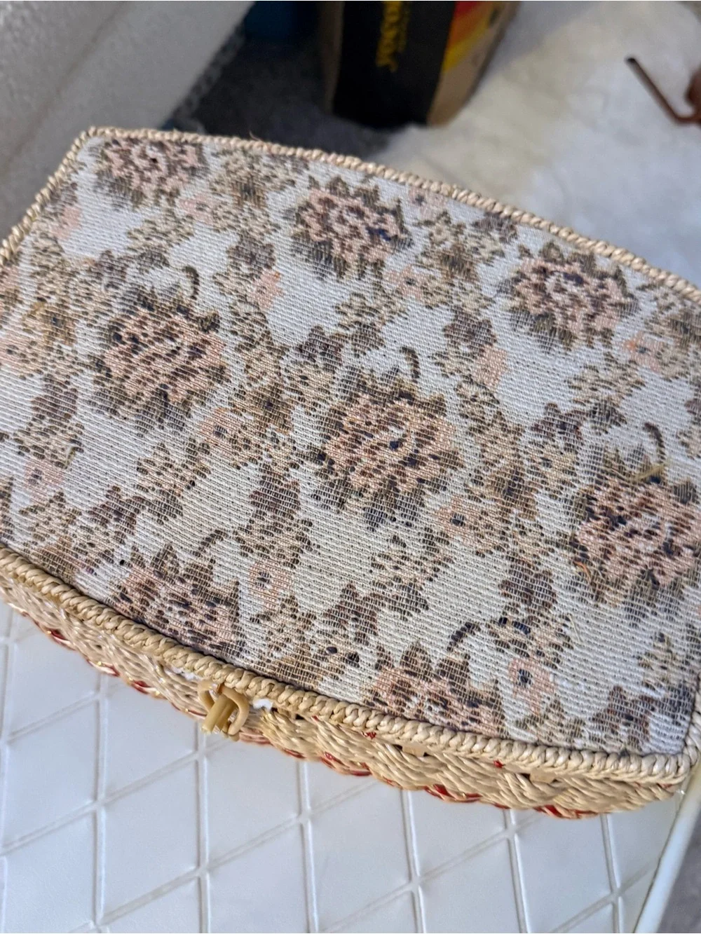 Vintage Penney's Fashion Wicker Sewing Basket with Floral Lid Cottagecore